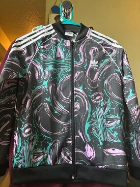adidas Black Track Jacket with Teal & Lilac Swirl Print